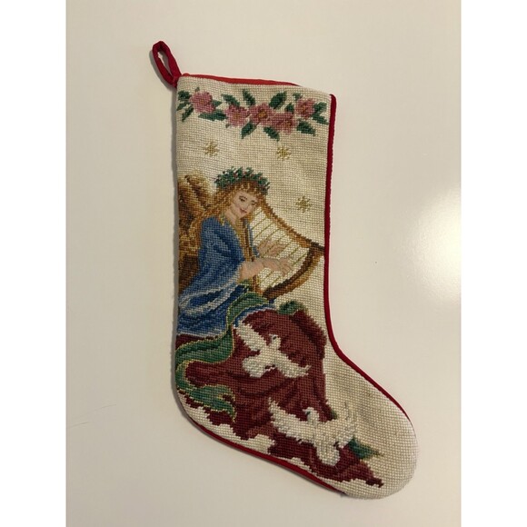 Vtg Christmas Needlepoint Stocking Angel Harp Doves 1991 Imperial Elegance - Picture 6 of 10